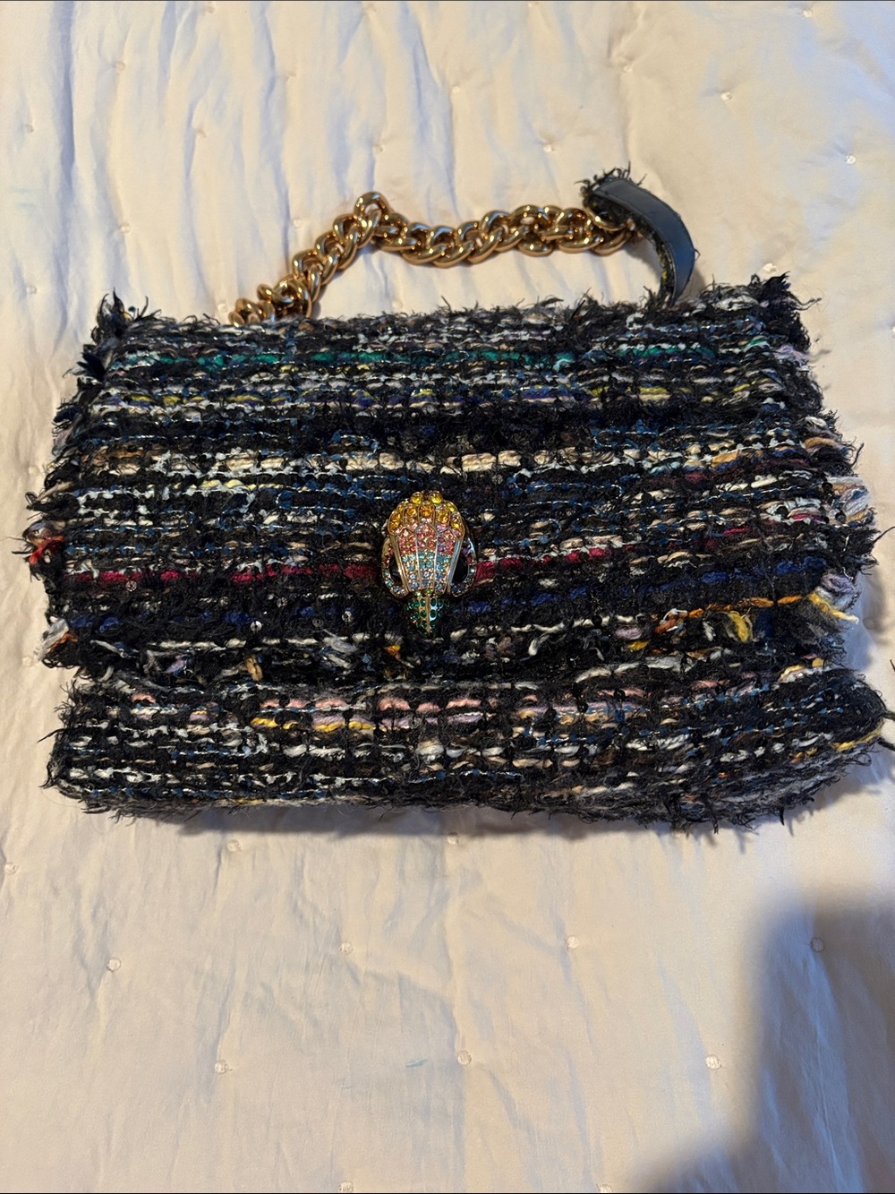 Kurt Geiger Black Tweed Shoulder Bag with Gold Chain and Multicolor Jewel Clasp